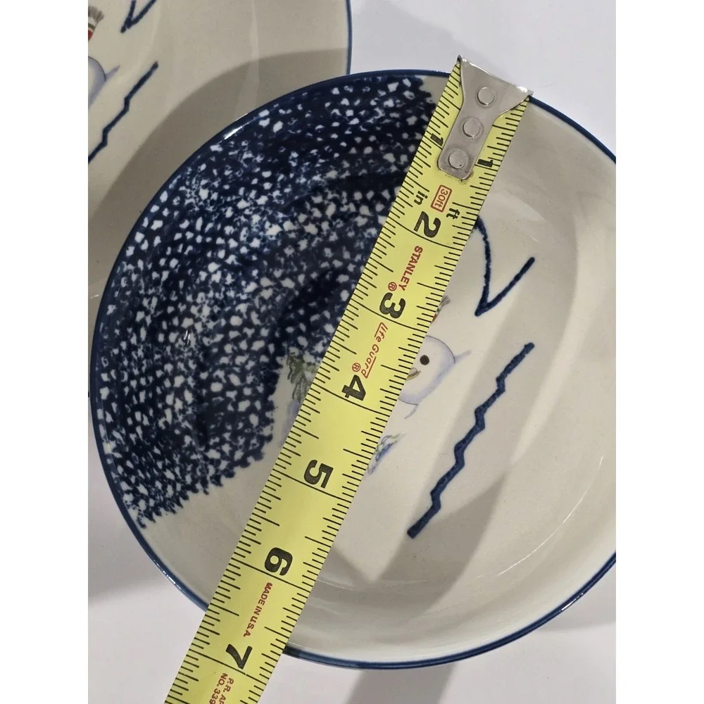 Thomson Pottery Snowman Soup Bowls Set of 3 Blue Sponge Winter
